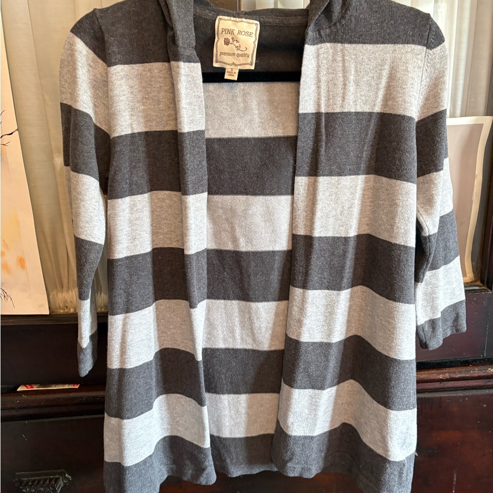 Pink Rose Striped Hooded Open Cardigan in Gray & Charcoal